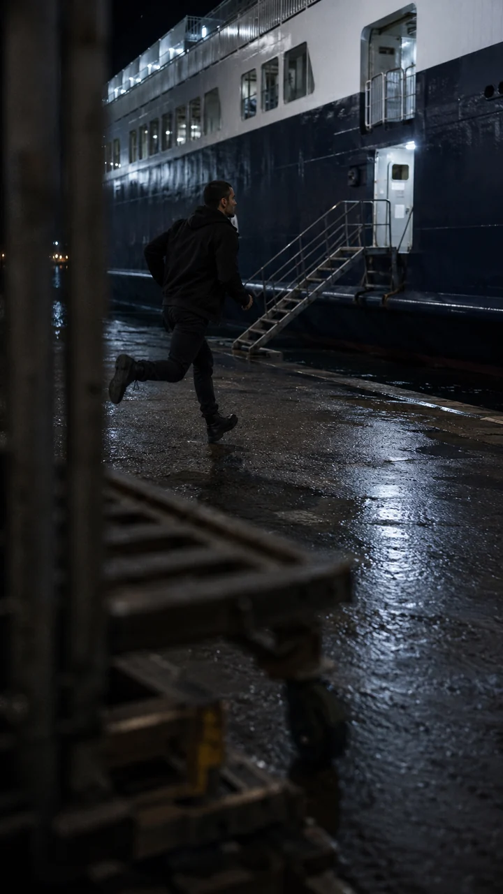 A man runs beside a departing ferry at night