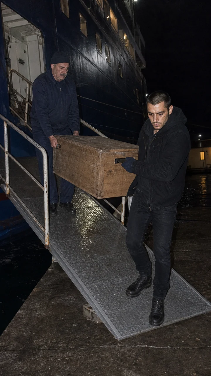Two porters carry a heavy crate down a ferry ramp at night