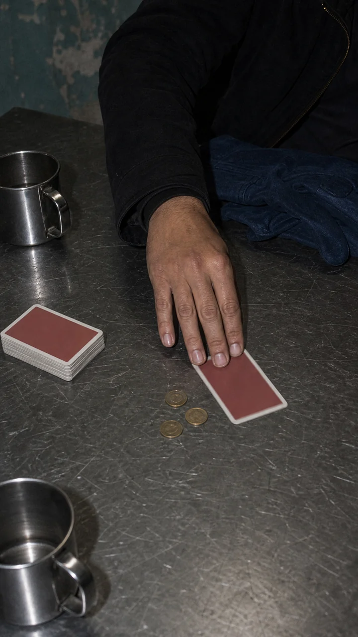 A hand sets three coins beside a deck of cards on a metal table